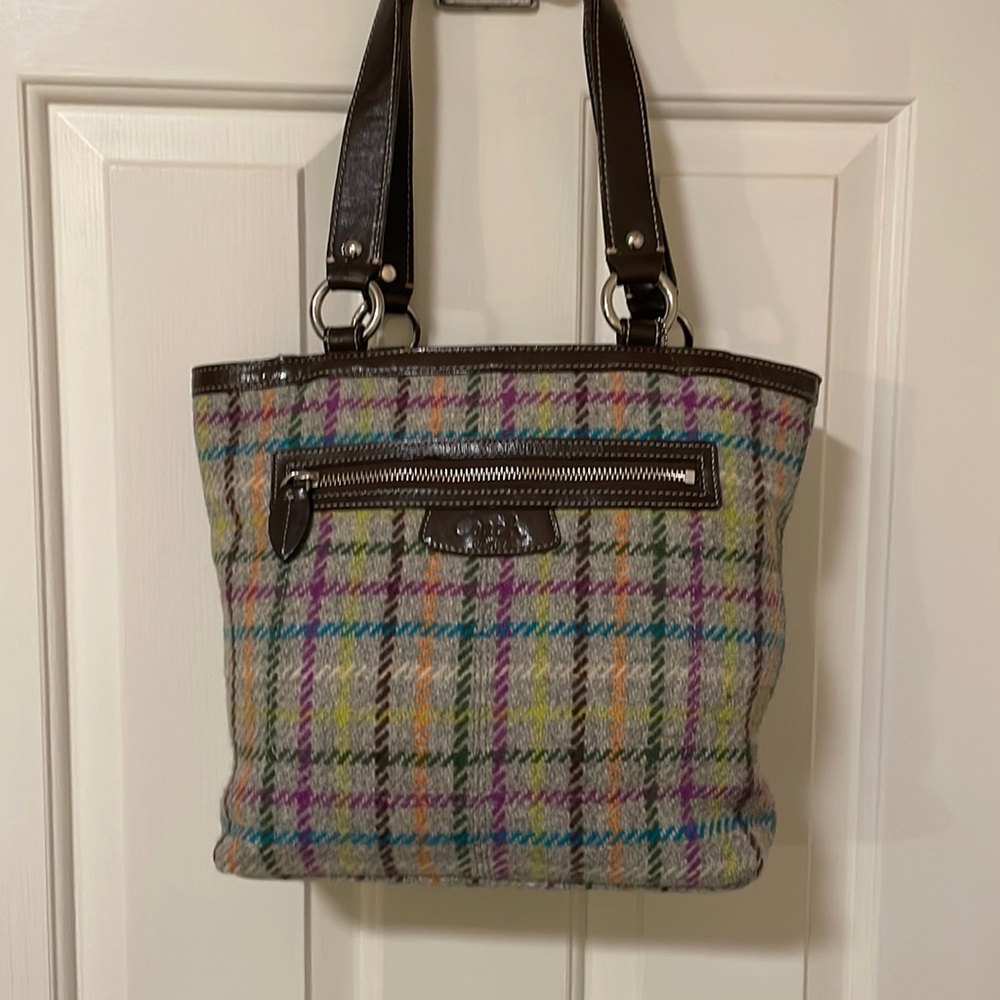 Coach tattersall bag. Leather and wool. Like new condition.